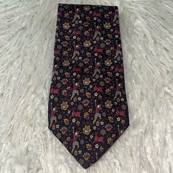 LANCEL PARIS 100% Silk Tie Floral Hunting Deer Print Burgundy Gray Mustard Black - Picture 2 of 7